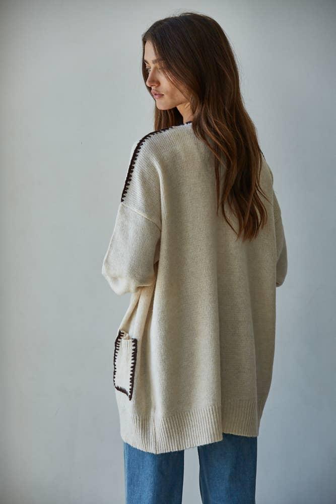 W2357 | Knit Sweater Contrast Stitch Open Cardigan