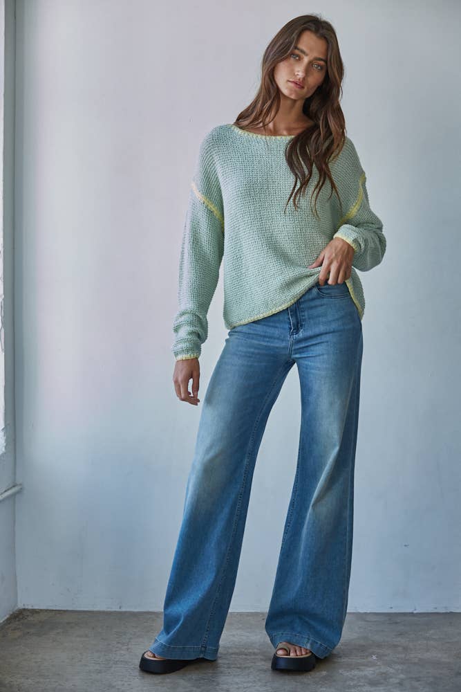 W2516 | Knit Sweater Cotton Viscose Stitch Detail Pullover