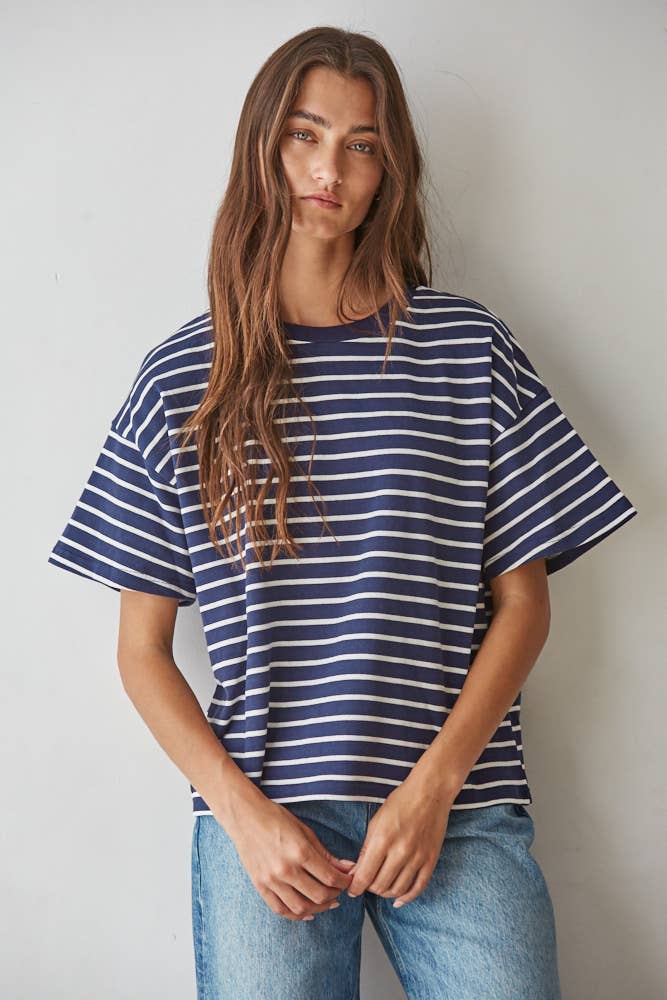 L9691 | Knit Cotton Striped Short Sleeve Crew Neck Top