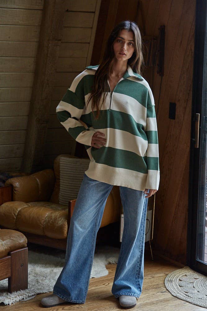 W2199 | Knit Striped Turtleneck Half Zip Up Top