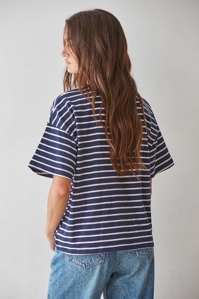 L9691 | Knit Cotton Striped Short Sleeve Crew Neck Top
