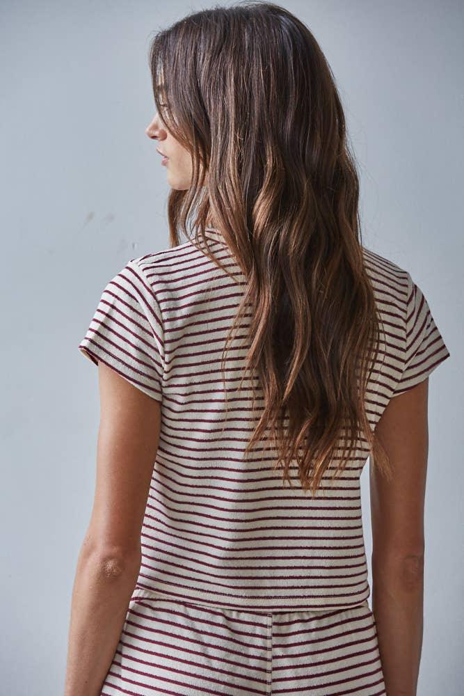 L8945T | Knit Polyester Cotton Striped Short Sleeve Top