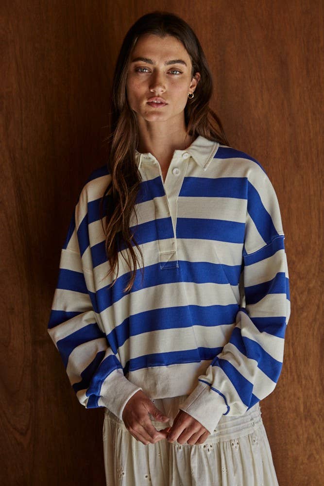 L8467 | Knit Cotton Polyester Striped Half Button Up Top