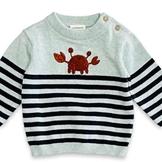 Baby sweater with crab embroidery and navy stripes, soft knit design for infants