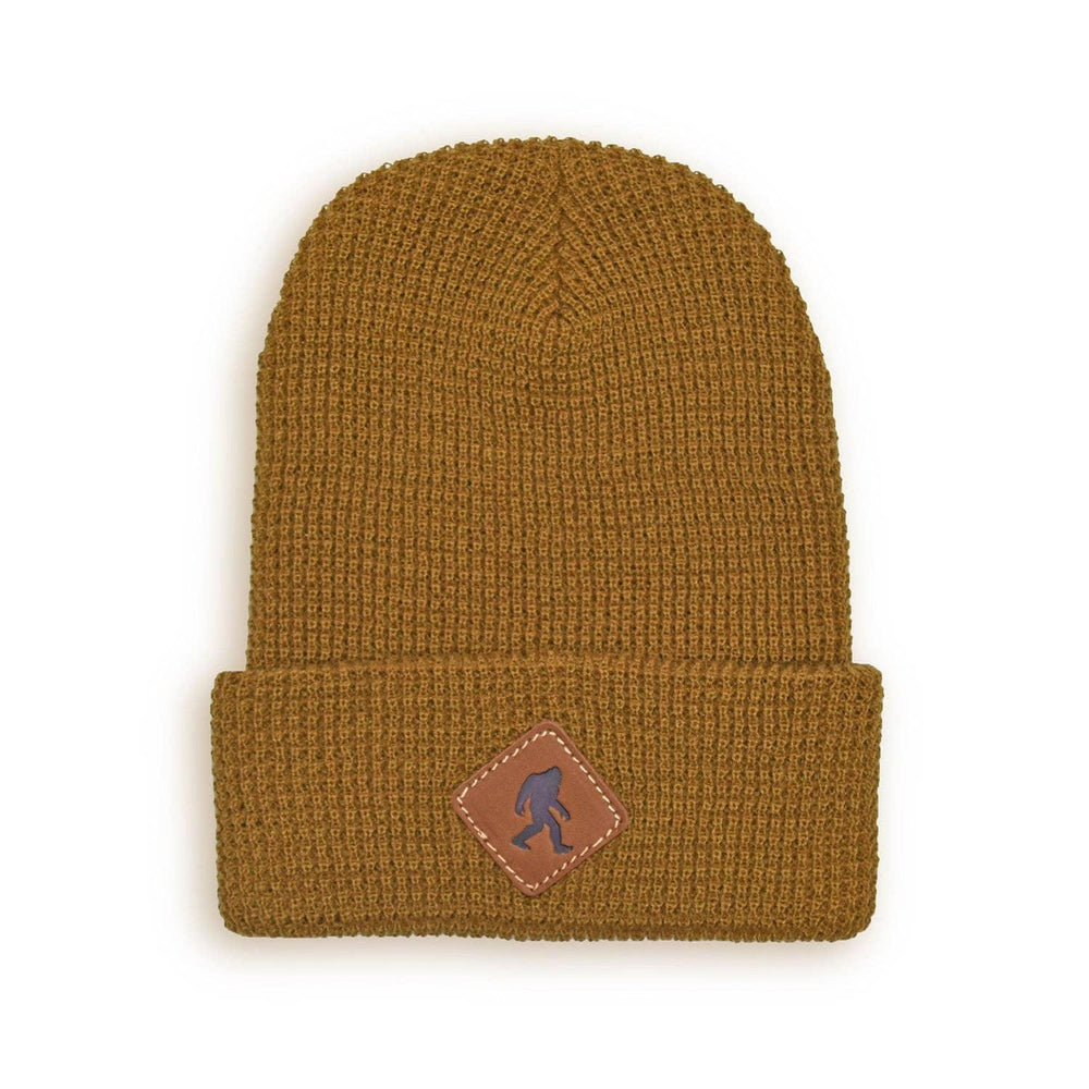 Brown waffle knit beanie with Sasquatch patch, cozy outdoor gear for PNW adventures