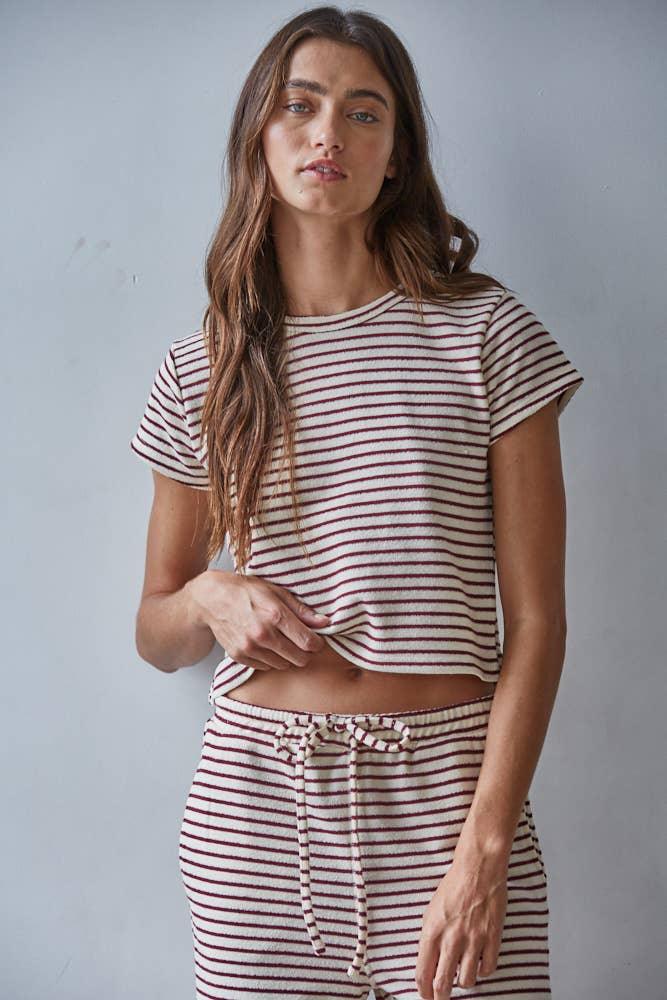 L8945T | Knit Polyester Cotton Striped Short Sleeve Top