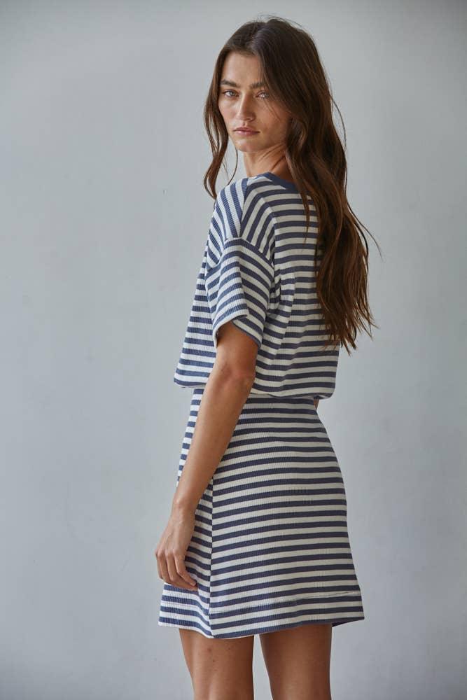 L9706 | Knit Cotton Spandex Striped Ribbed Short Sleeve Mini