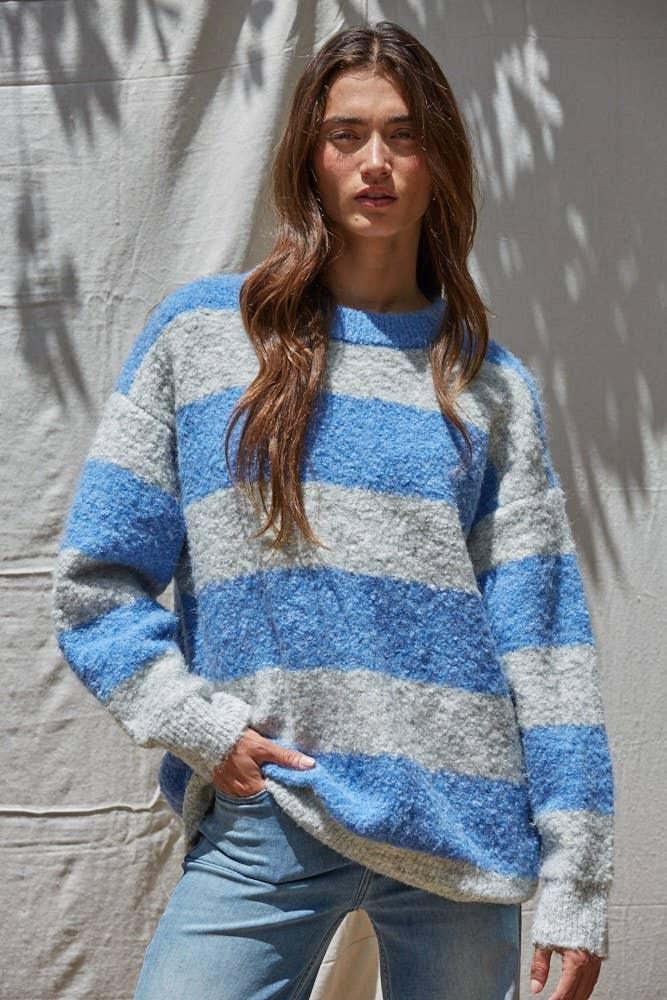 W2122 | Knit Sweater Striped Crew Neck Textured Pullover