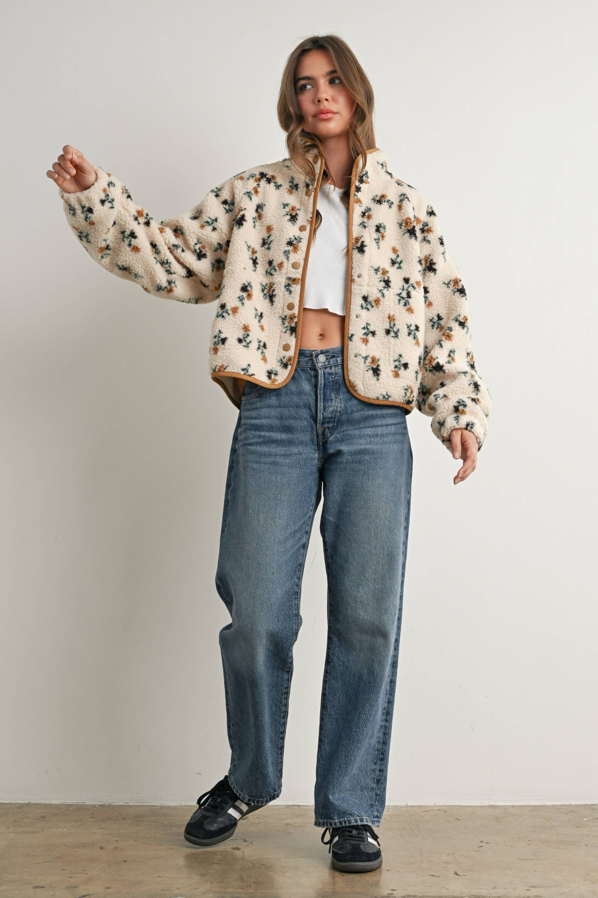Floral Print Fluffy Fleece Jacket - BMJ7811
