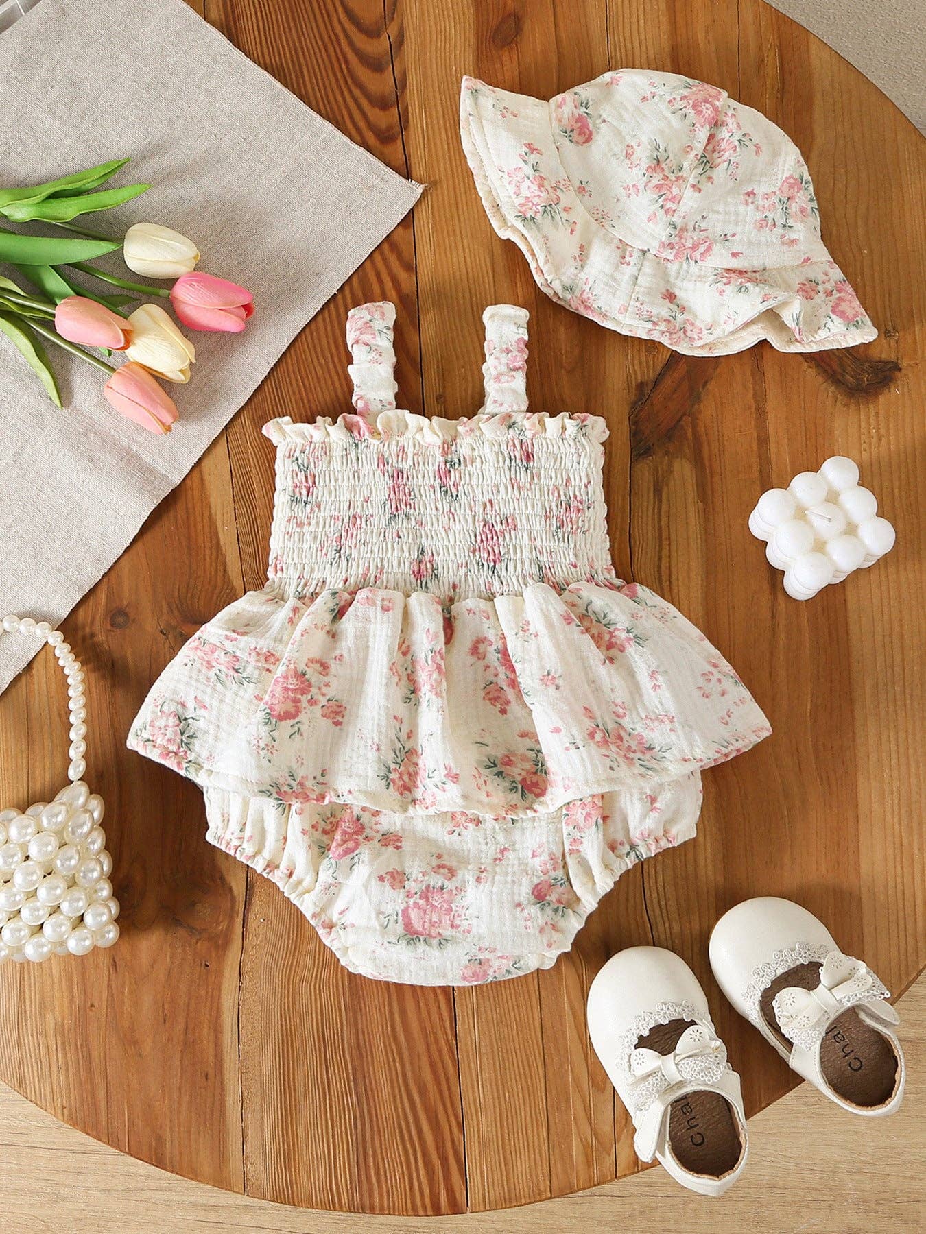 Summer Floral Print Smocked Baby Girl Romper Set Hat
