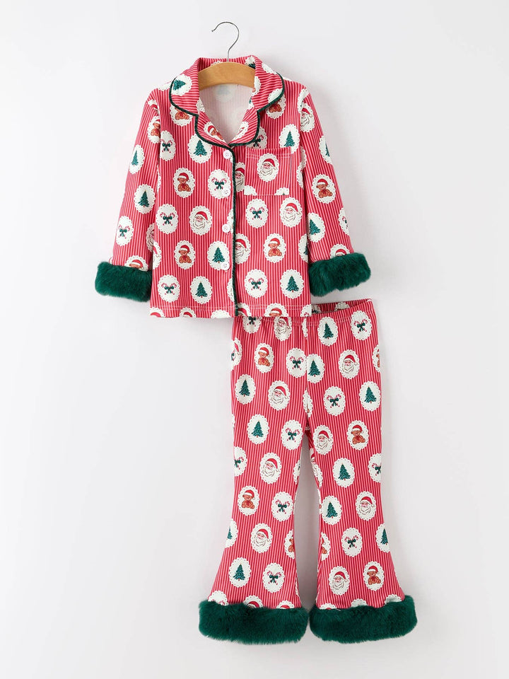 Mommy and Me Christmas Santa Print Pajama Set with Fur Trim
