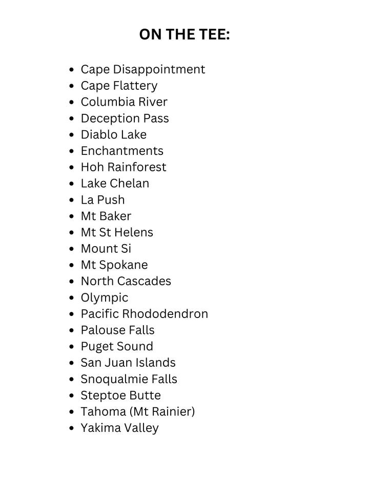 List of PNW locations on tees: Cape Disappointment, Mt Rainier, Olympic, Puget Sound &amp; more Pacific Northwest adventures