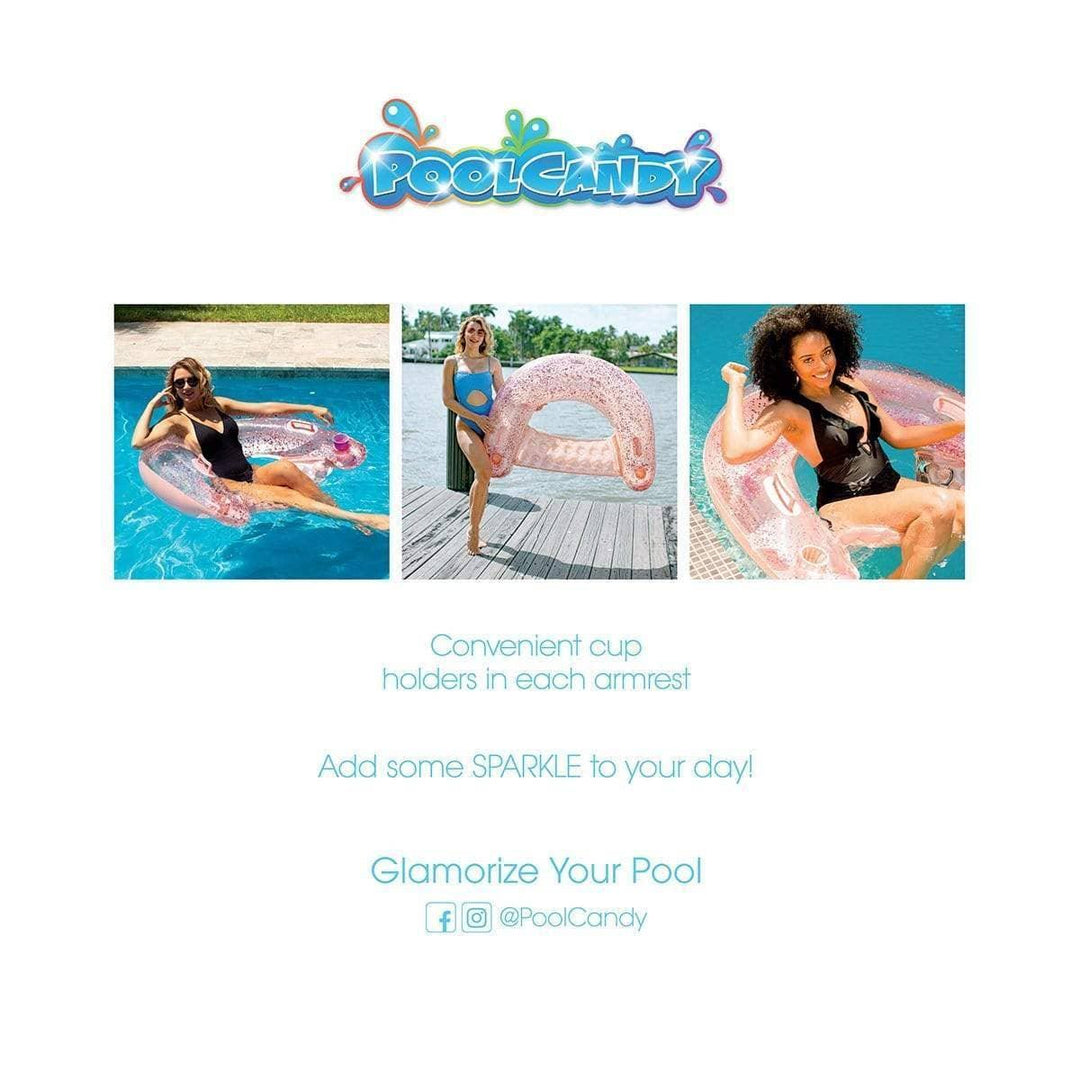 Sparkly pink pool float with cup holders, perfect for poolside relaxation and glam pool days