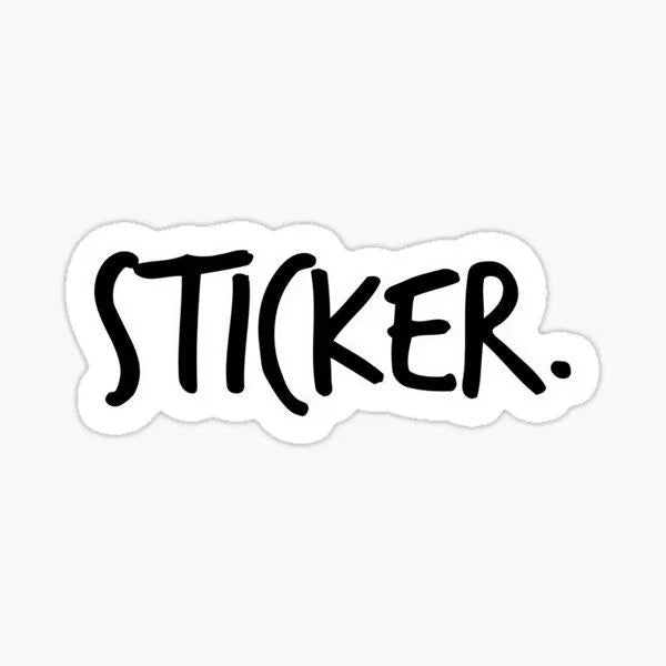 Black handwritten 'STICKER.' text on white die-cut sticker, minimalist design