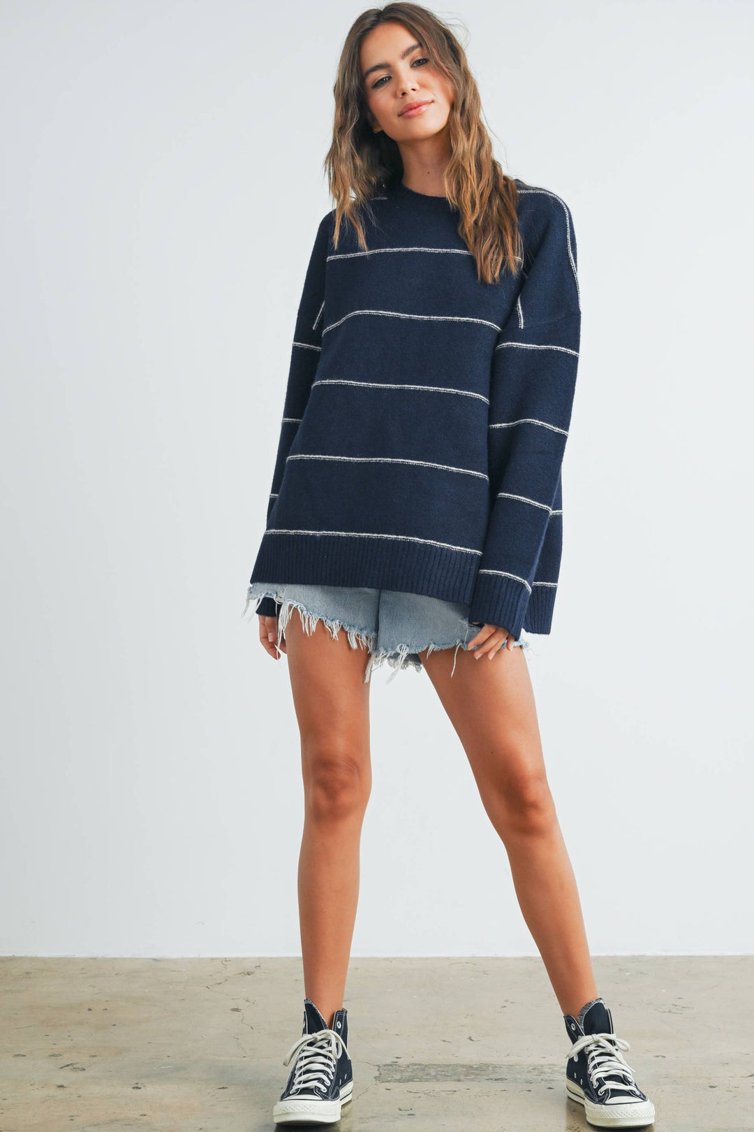 FALL STRIPED PATTERN DROP SHOULDER SWEATER - BMW7421