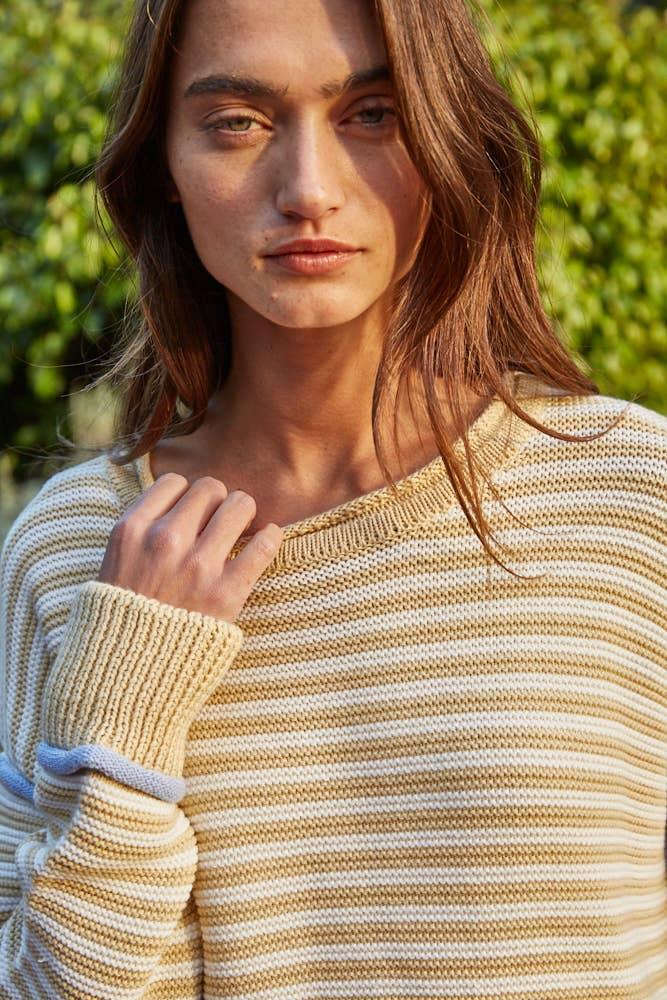 W2416 | Knit Sweater Cotton Polyester Striped Contrast Seam