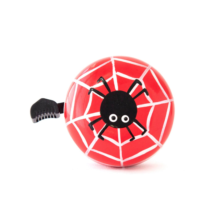 Red bike bell with black spider on white web design, fun accessory for kids&