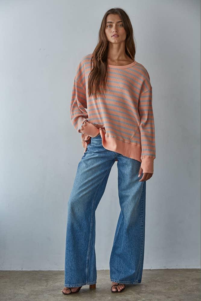 L9220 | Knit Cotton Spandex Striped Thermal Pullover