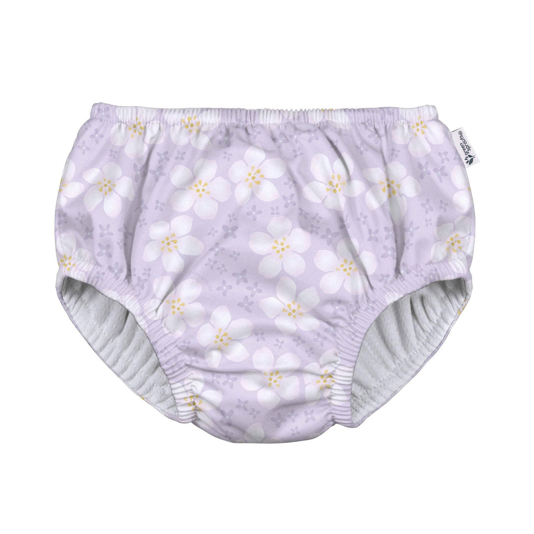 Lavender floral print reusable swim diaper with elastic waistband