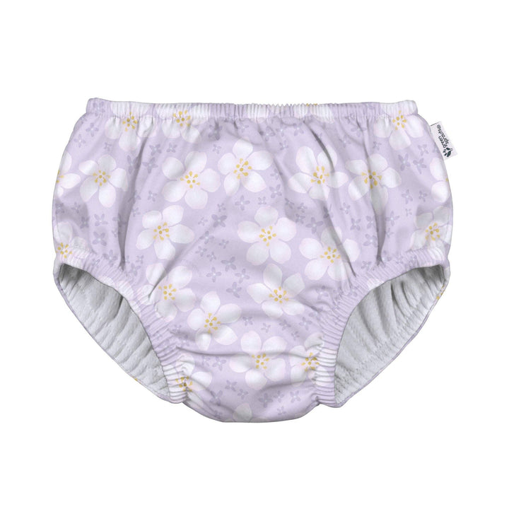 Lavender floral print reusable swim diaper with elastic waistband
