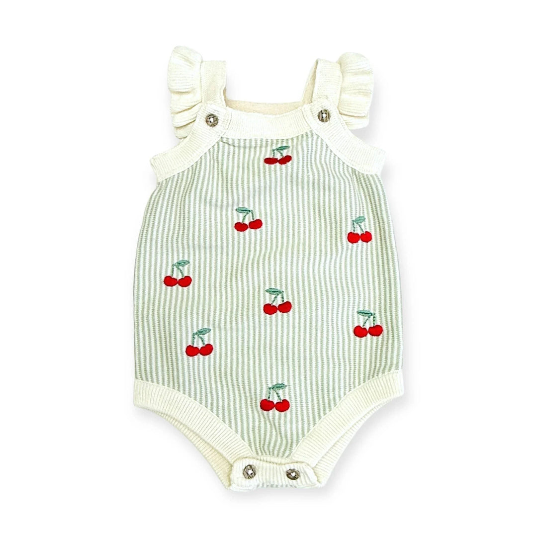 Baby romper with cherry print, striped green and white, ruffled straps, snap closures