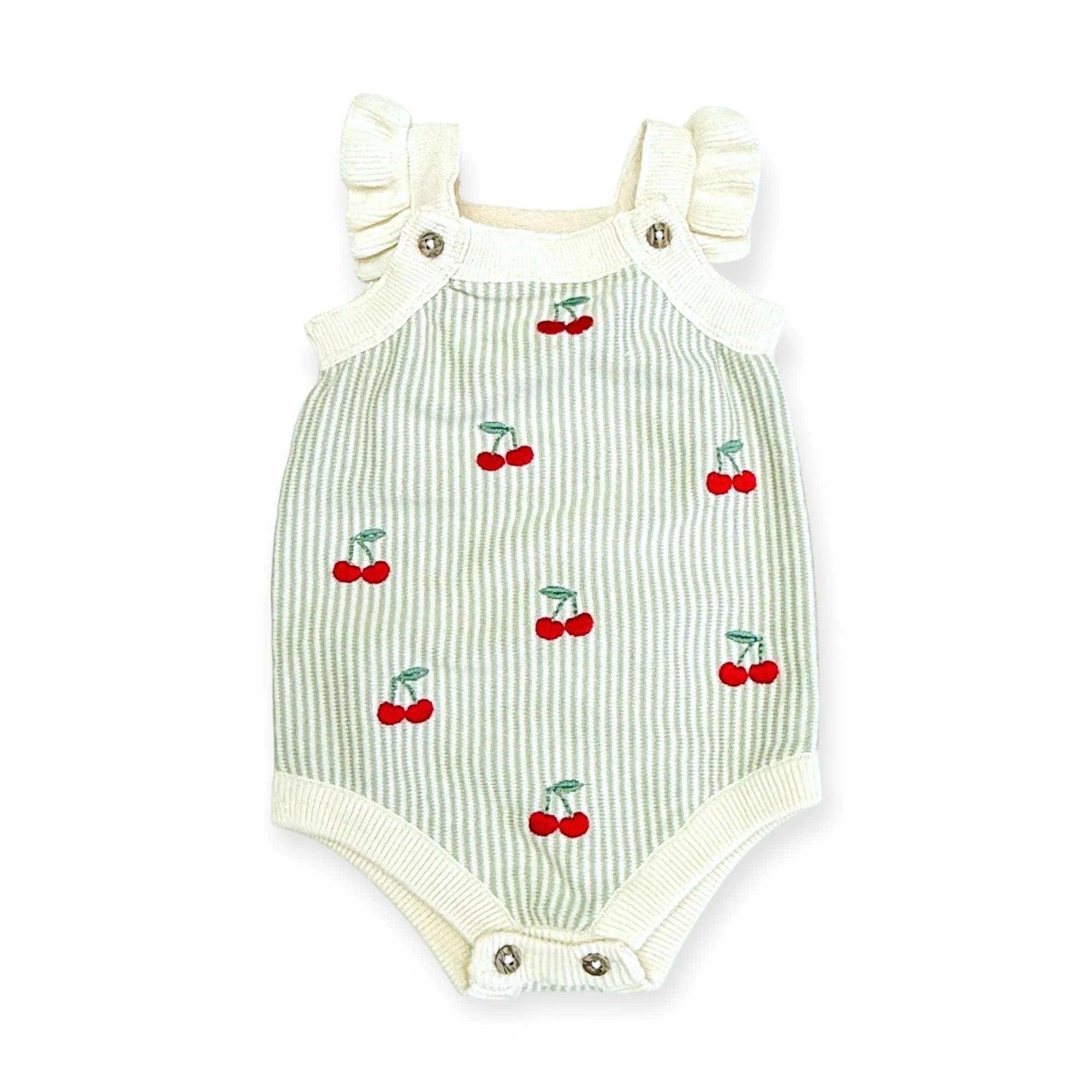 Baby romper with cherry print, striped green and white, ruffled straps, snap closures