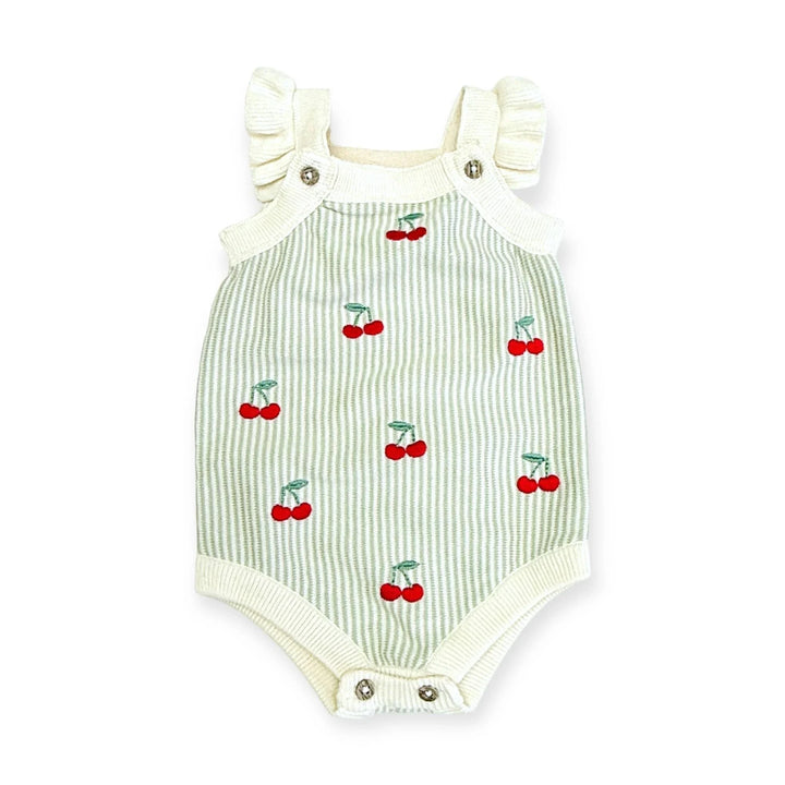 Baby romper with cherry print, striped green and white, ruffled straps, snap closures