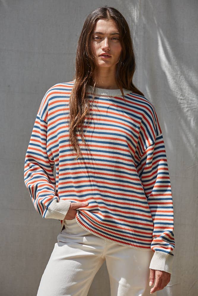 W2690 | Knit Sweater Multi Color Striped Cotton Crew Neck