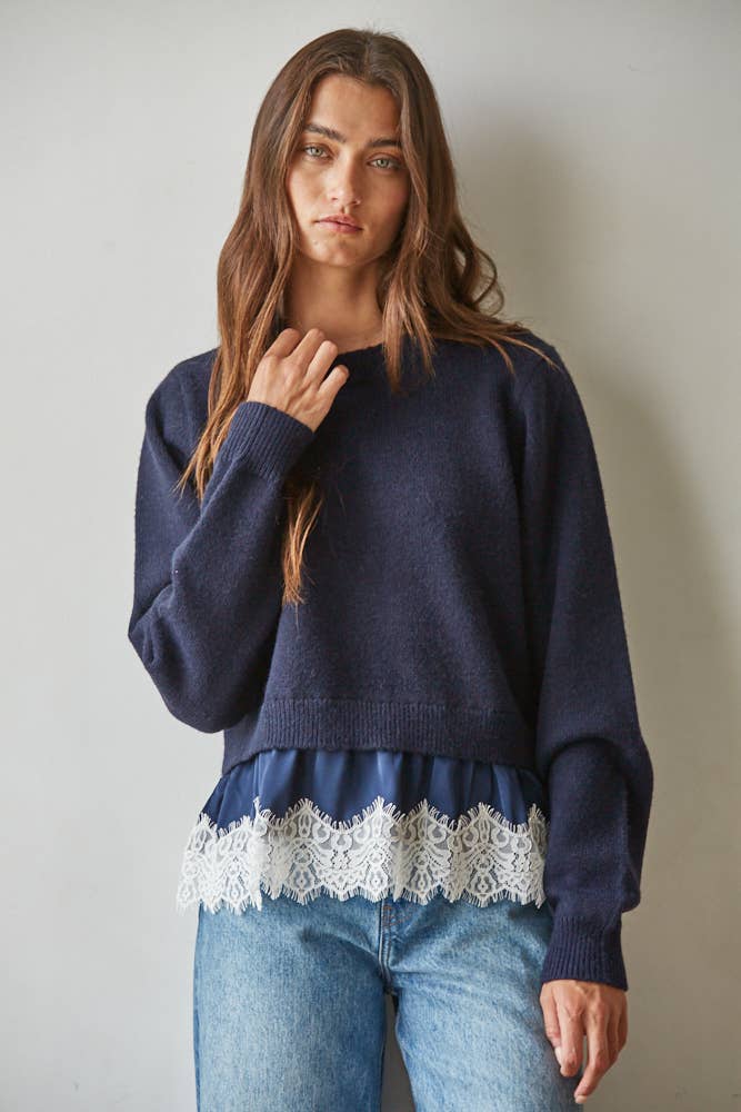 W2583 | Knit Sweater Twofer Top Satin Lace Trim Detail