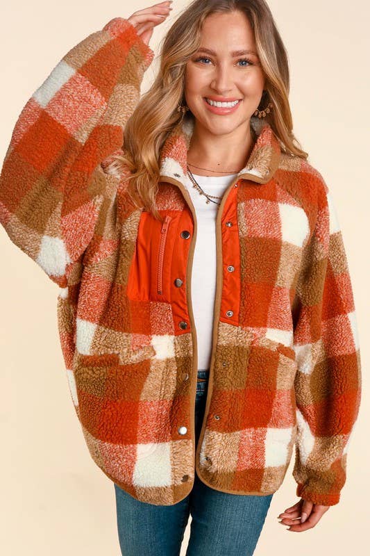 Button Down Plaid Sherpa With Side Pockets