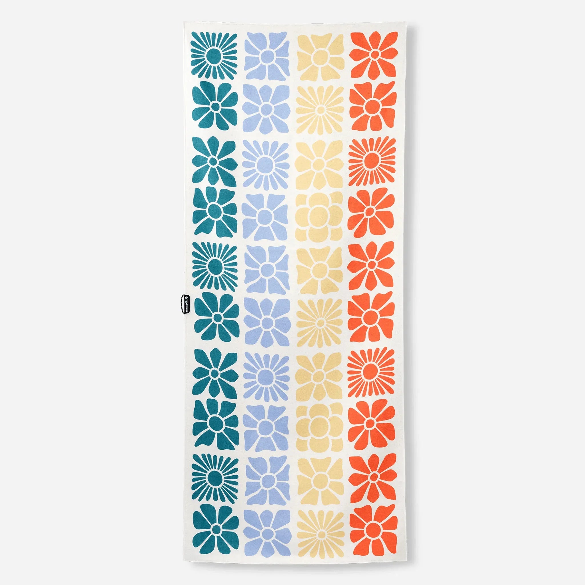 Colorful floral pattern beach towel with retro daisy design in blue, yellow, and orange stripes