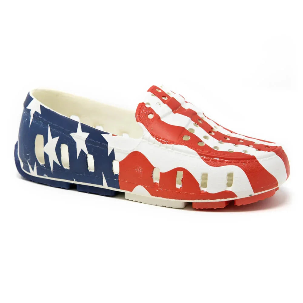 Red, white, and blue patriotic slip-on water shoes with star and stripe design for beach or outdoor adventures