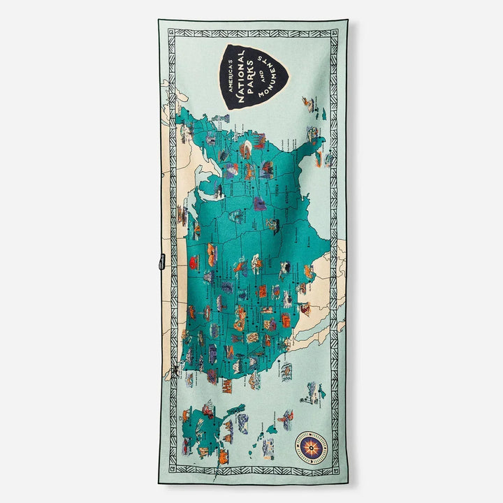 National Parks map beach towel with illustrated US landmarks, perfect for outdoor adventures and coastal style.