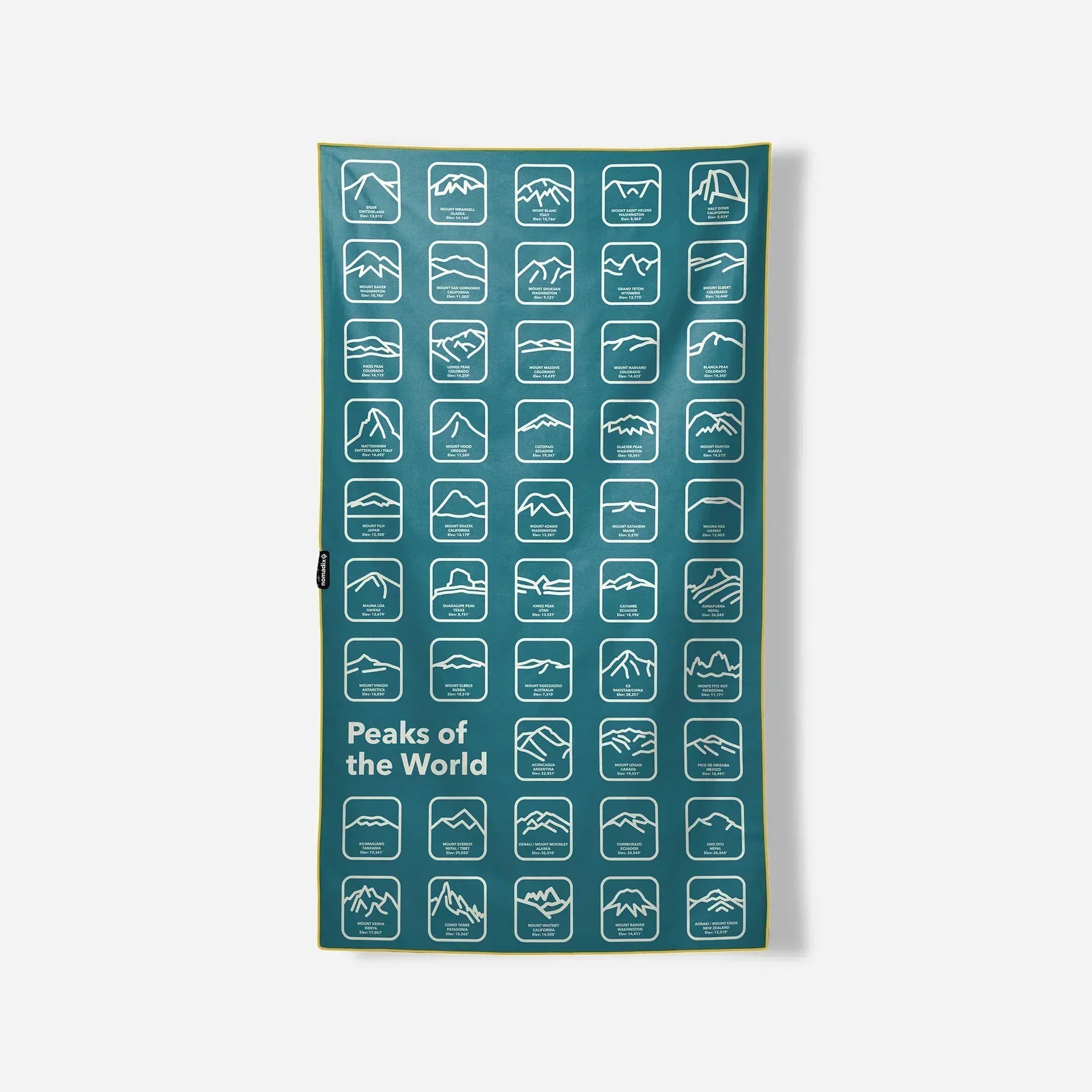 Peaks of the World mountain-themed blanket with global summit illustrations and teal design