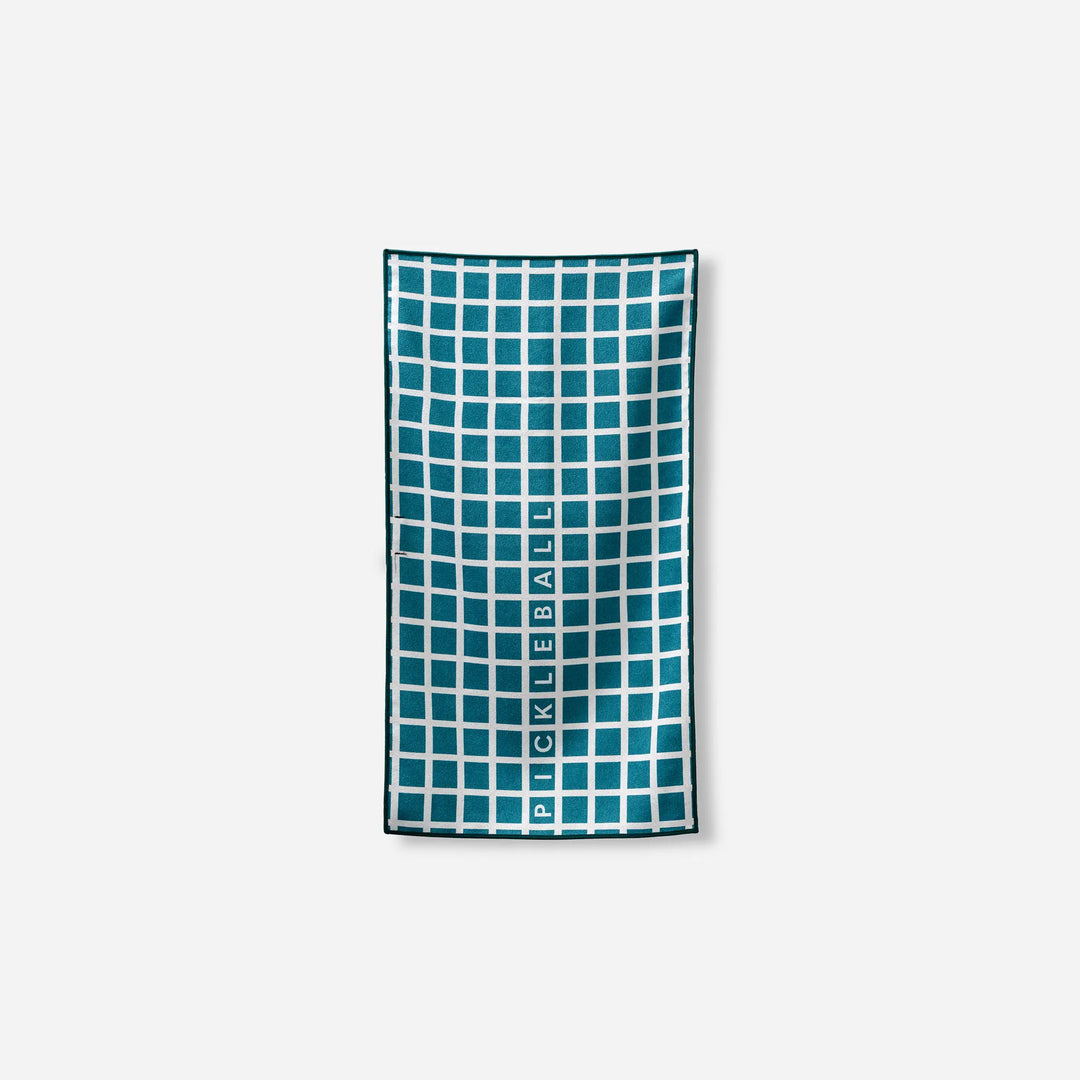 Teal and white grid-patterned pickleball towel for beach or court use