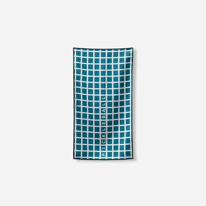 Teal and white grid-patterned pickleball towel for beach or court use