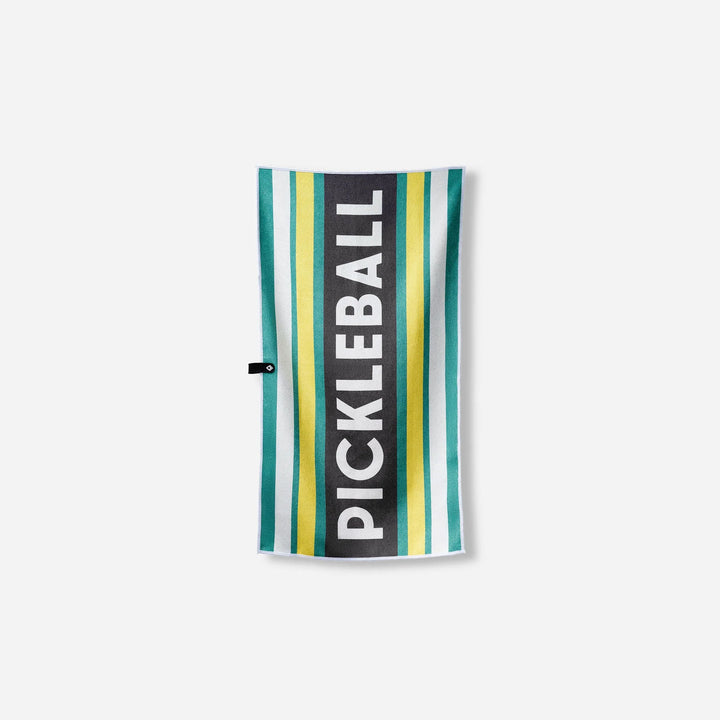 Pickleball towel with bold stripes in green, yellow, and white, perfect for beach days and outdoor adventures.