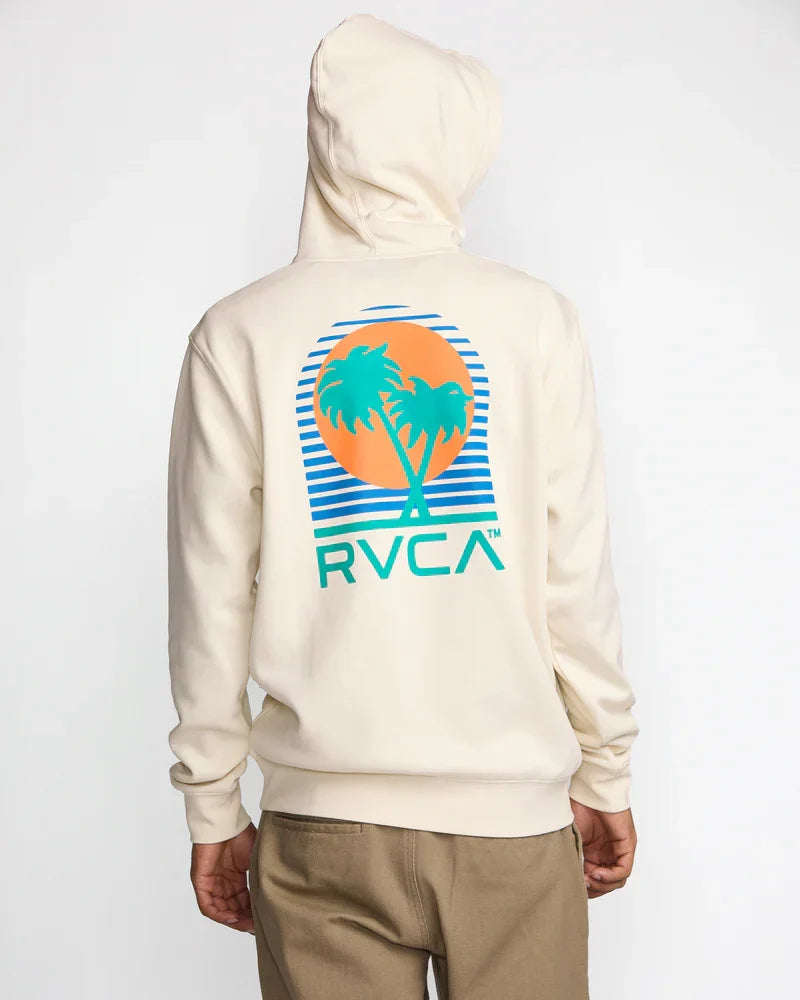 Cream RVCA hoodie with retro palm tree sunset graphic, perfect for coastal adventures and PNW style.