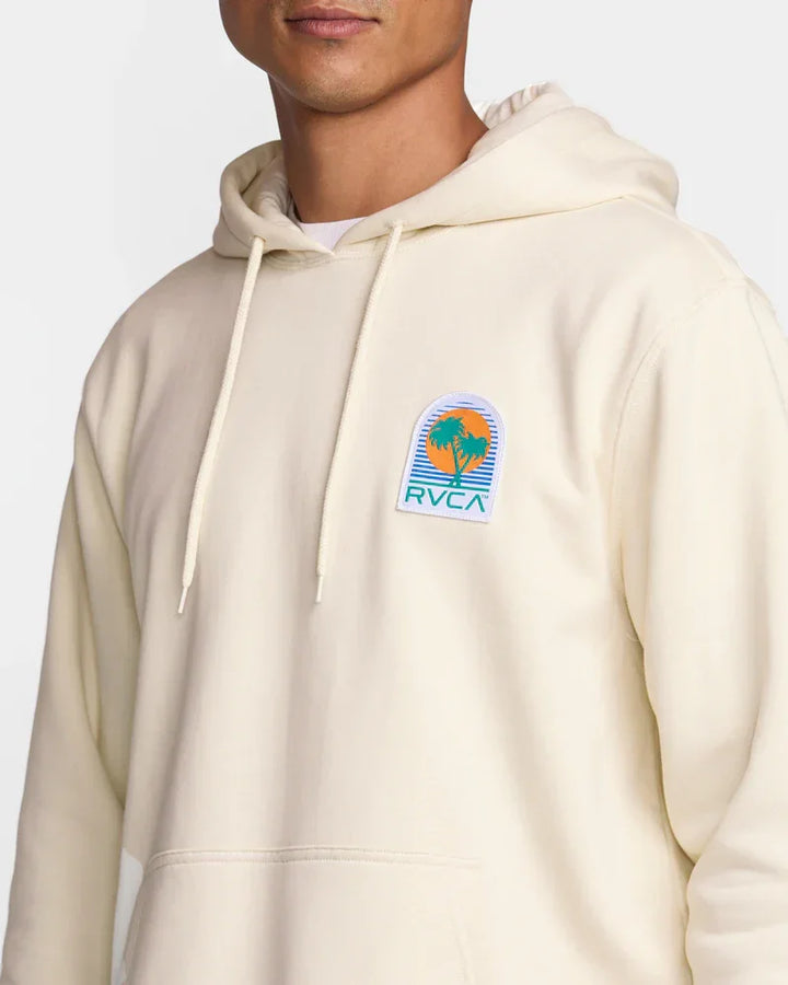 Cream RVCA hoodie with palm tree logo, coastal style pullover for outdoor adventures