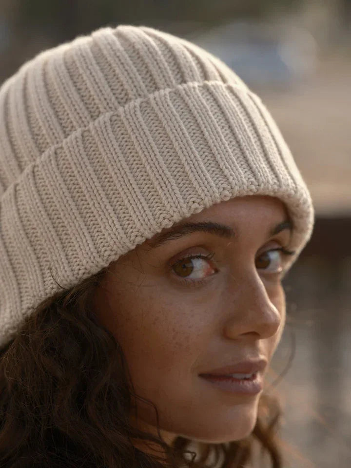 Cream ribbed knit beanie for coastal outdoor adventures and PNW style
