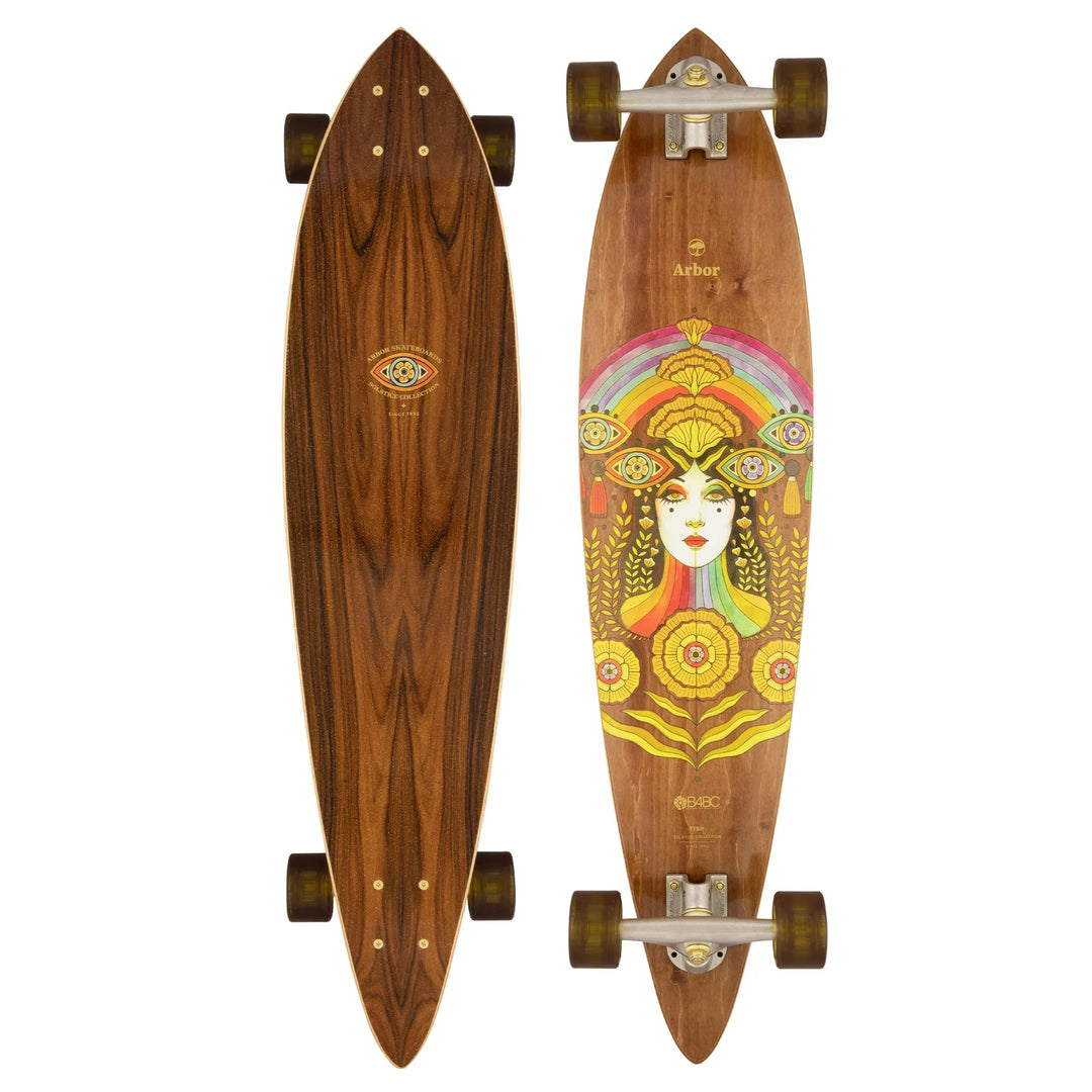 Top and bottom views of the Arbor Fish Solstice longboard featuring colorful psychedelic art.