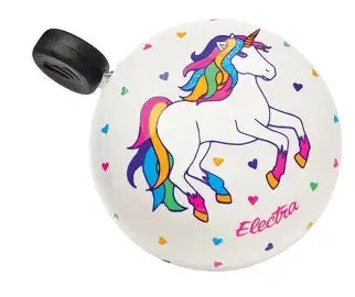 Colorful unicorn bike bell with rainbow mane, hearts, and 'Electra' text for kids' bikes
