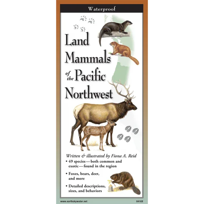 Land Mammals of Pacific Northwest guide featuring elk, deer, otter, and beaver illustrations